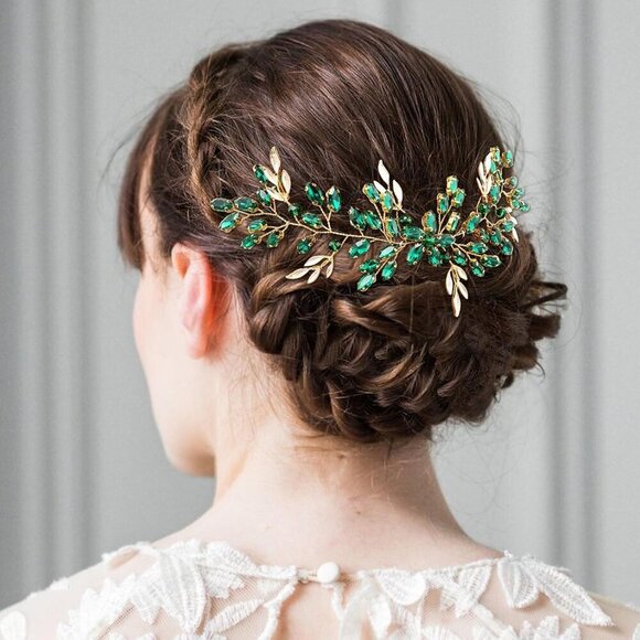 Green Bridal Hair Vine Crystal Headpiece Wedding Party Accessory main image 7